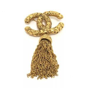 CHANEL 93A CC Mark Fringe Lava Brooch Accessories Brooch Metal Gold